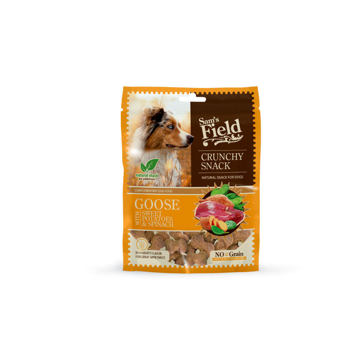 SAM\'S FIELD Crunchy Snack, XS-XL, Gâsca și Cartof Dulce, punguță recompense fără cereale câini, 200g