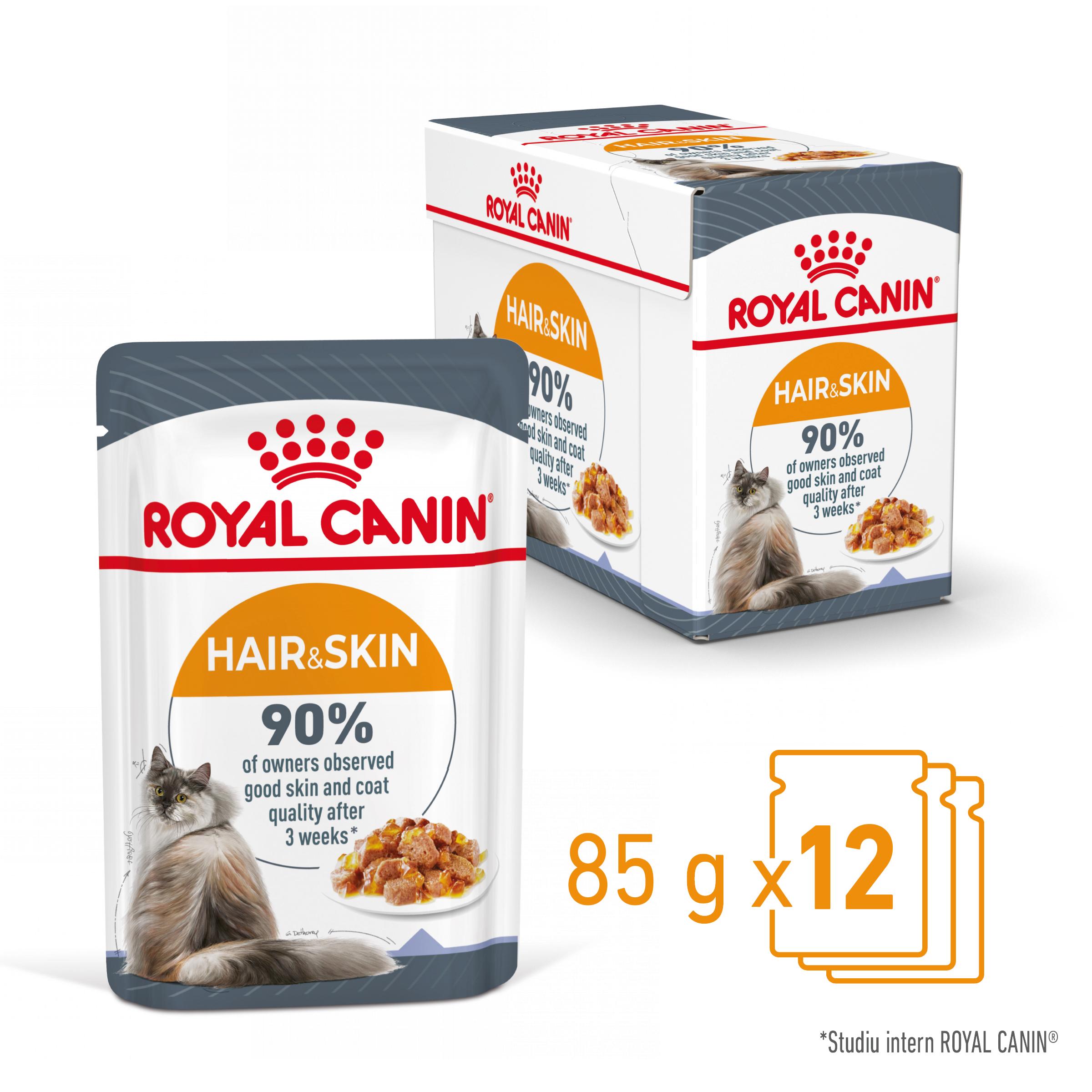 ROYAL CANIN Hair&Skin Care Adult hrană umedă pisici piele & blană (în aspic), bax, 85g x 12buc