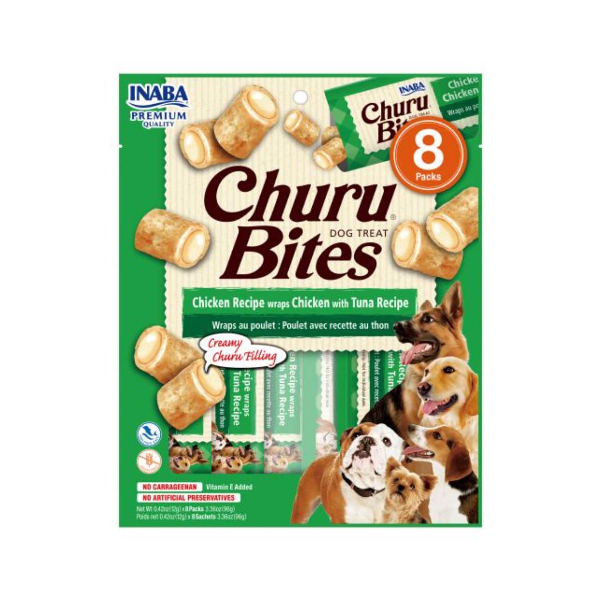 INABA Churu Rolls, XS-XL, Pui și Ton, plic, tub recompense fără cereale câini, 56g