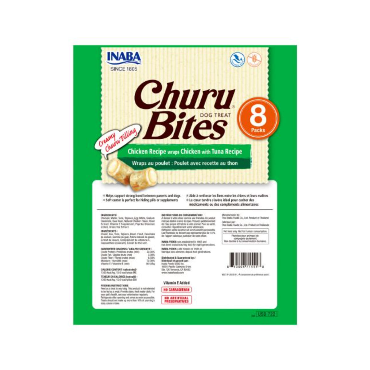 INABA Churu Rolls, XS-XL, Pui și Ton, plic, tub recompense fără cereale câini, 56g