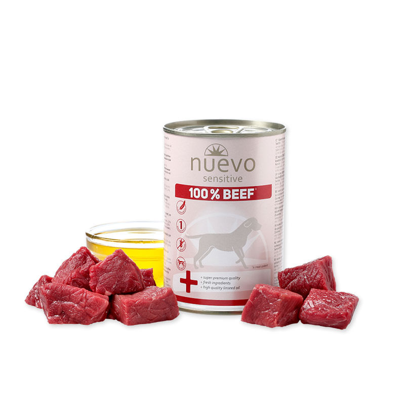 NUEVO Sensitive 100% Beef, XS-XL, Vită, conservă hrană umedă monoproteică fără cereale câini, alergii, (în aspic), 400g - 1 | YEO