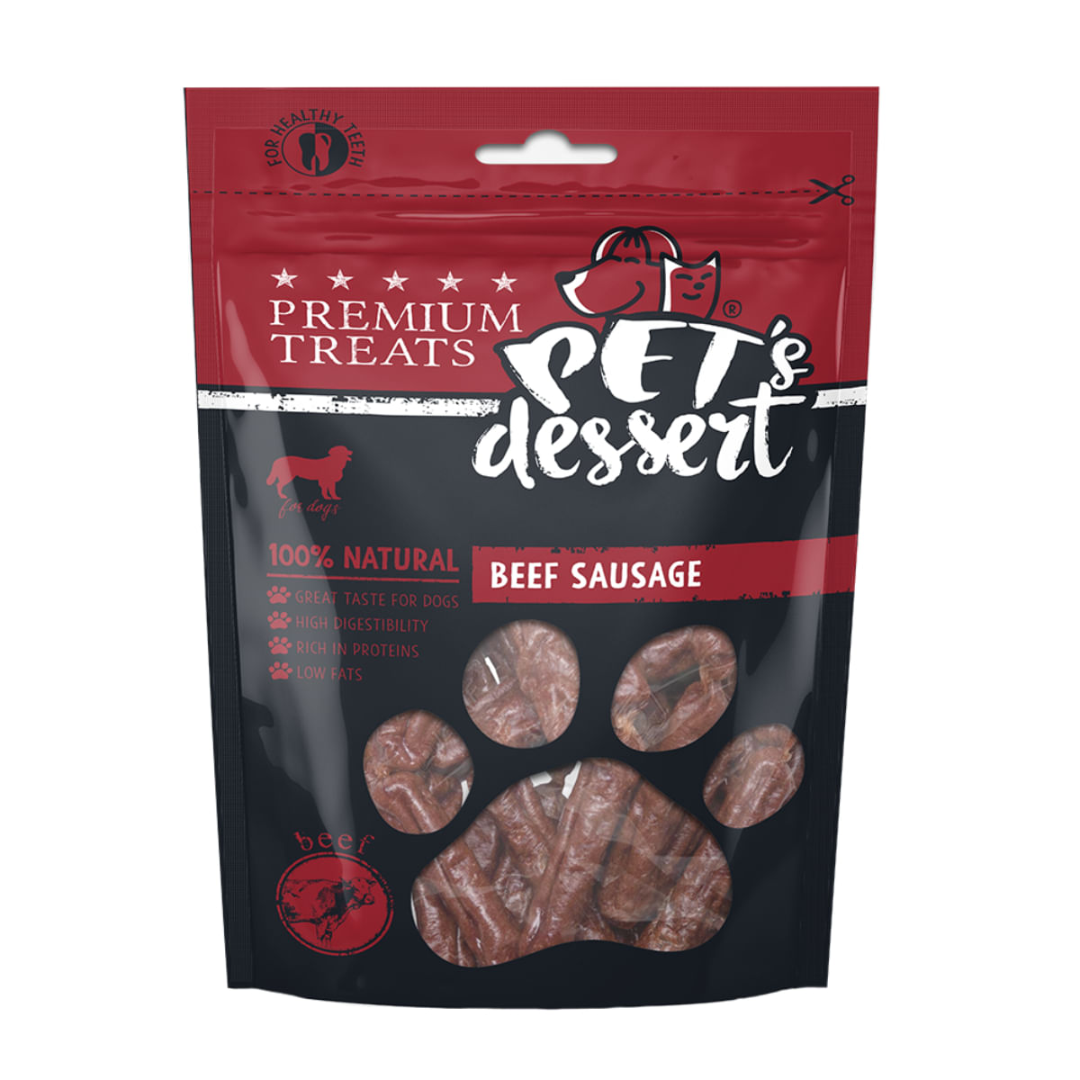 PET\'S DESSERT Sausage, XS-XL, Vită, punguță recompense fără cereale câini, 80g