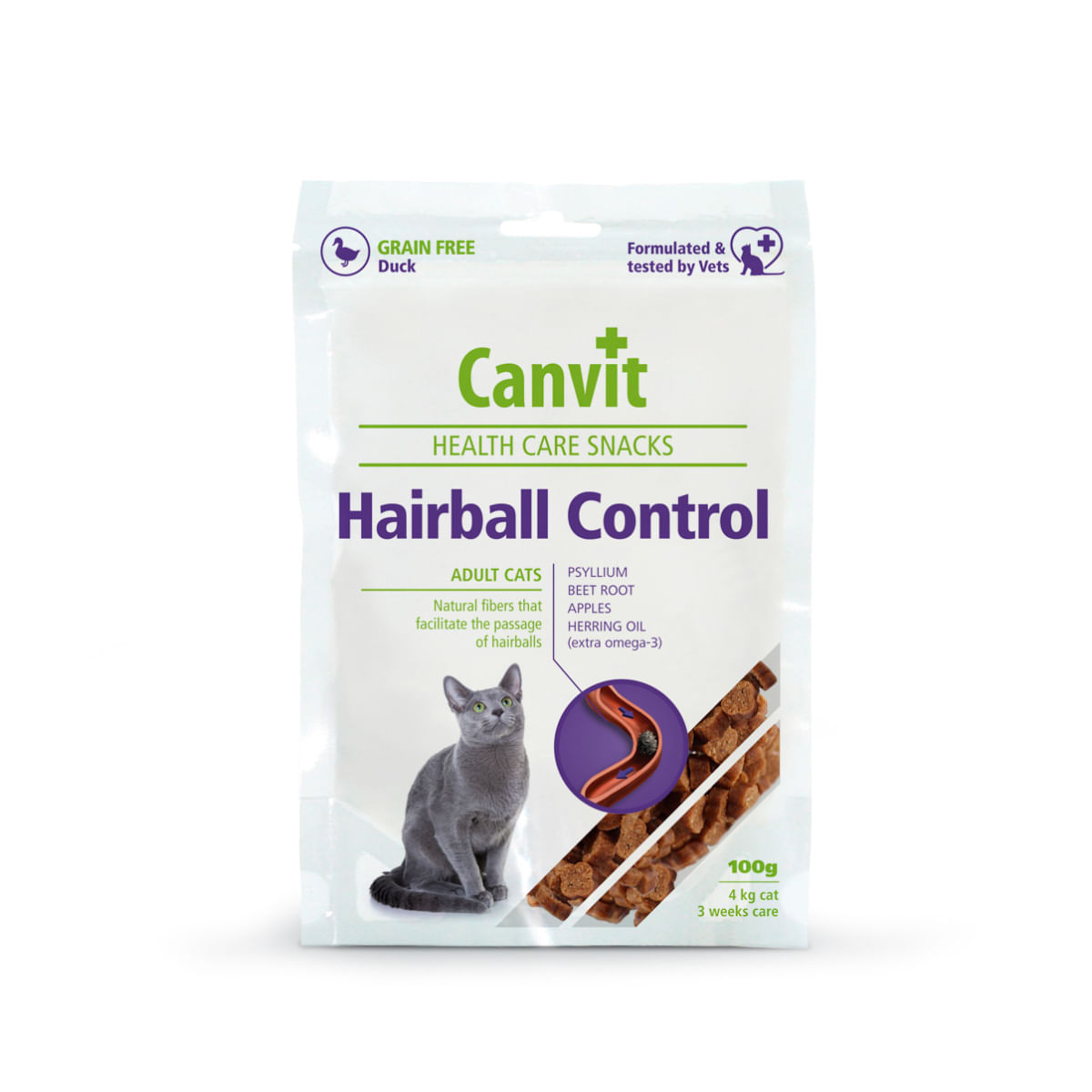 CANVIT Snack Hairball, S-XL, Rață, punguță recompense funcționale pisici, limitarea ghemurilor de blană, 100g - 1 | YEO