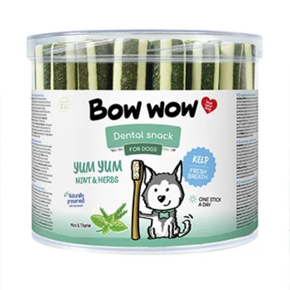 BOW WOW Dental Snack, S-XL, Mentă, găletușa recompense câini, 35buc, 1400g - 1 | YEO