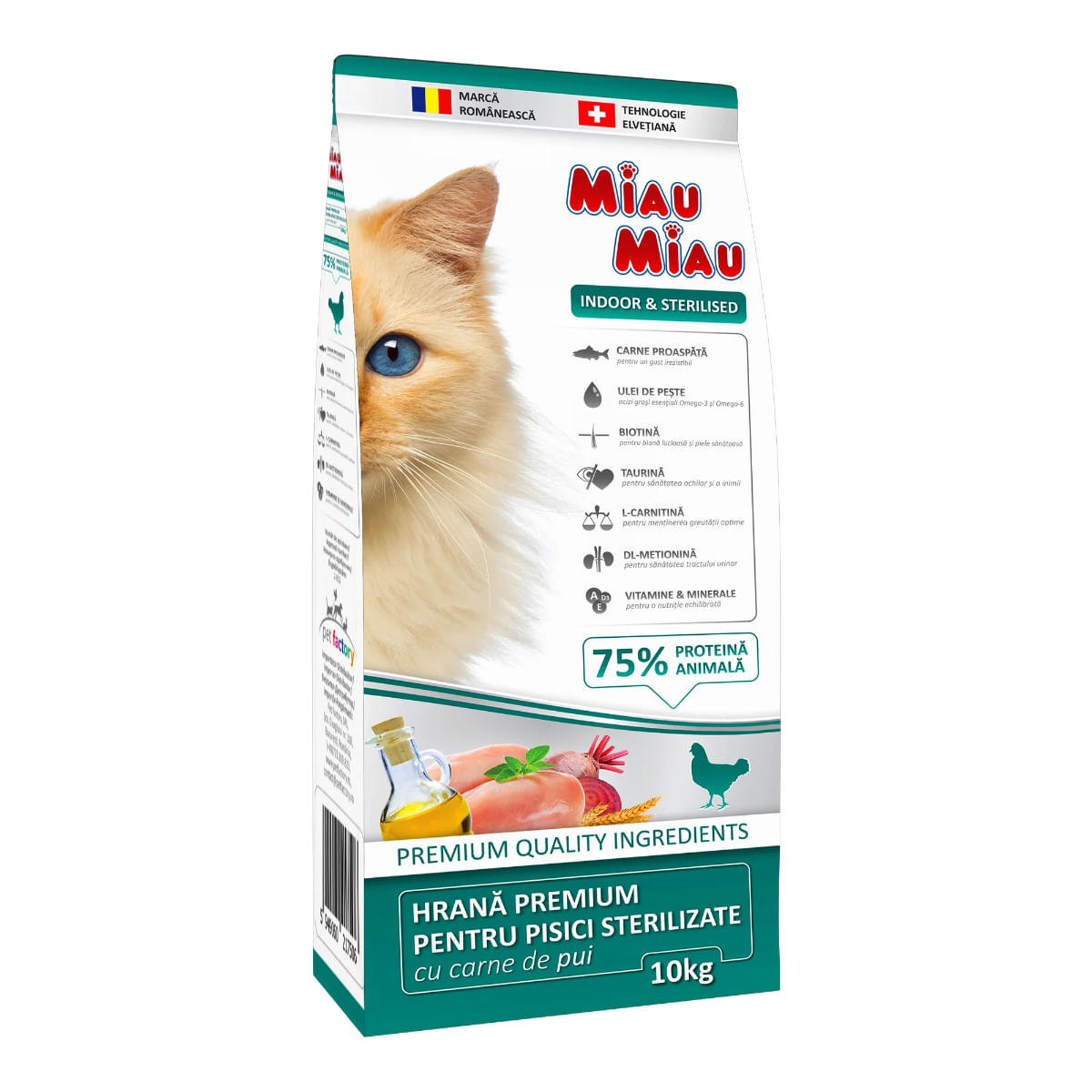 MIAU MIAU Indoor & Sterilised, Pui, hrană uscată pisici sterilizate, 10kg - 1 | YEO