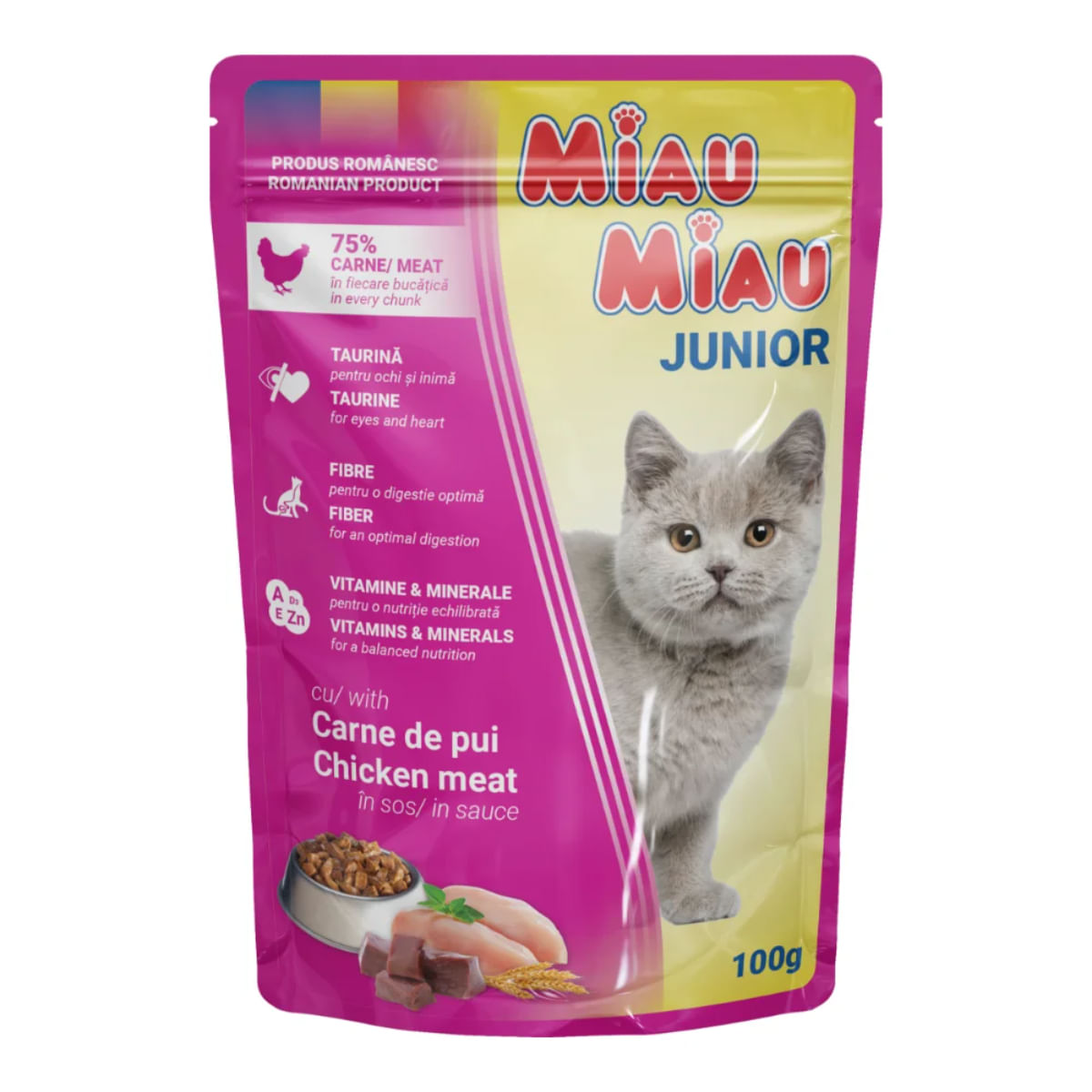 MIAU MIAU Kitten, Pui, plic hrană umedă pisici junior, (în sos), 100g