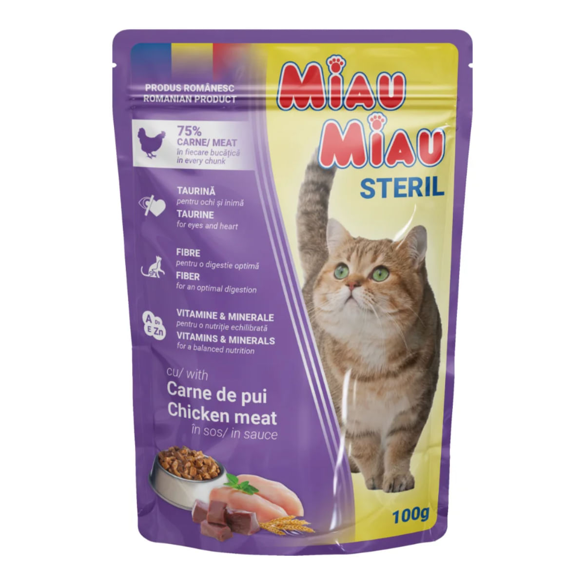 MIAU MIAU Sterilised, Pui, plic hrană umedă pisici sterilizate, (în sos), 100g