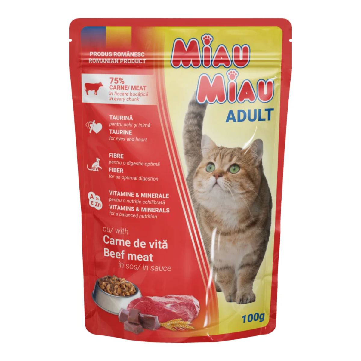 MIAU MIAU, Vită, plic hrană umedă pisici, (în sos), 100g