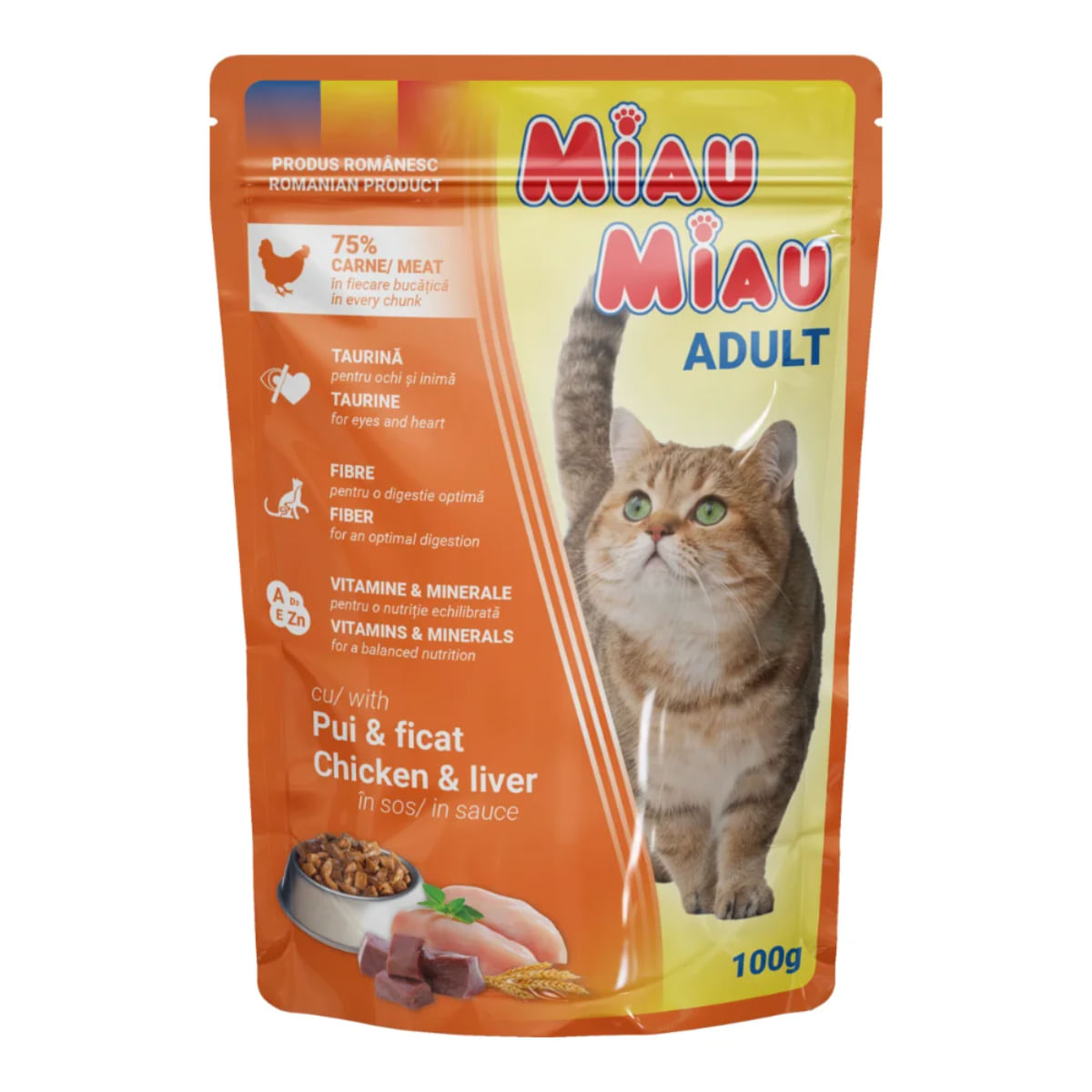 MIAU MIAU, Pui și Ficat, plic hrană umedă pisici, (în sos), 100g