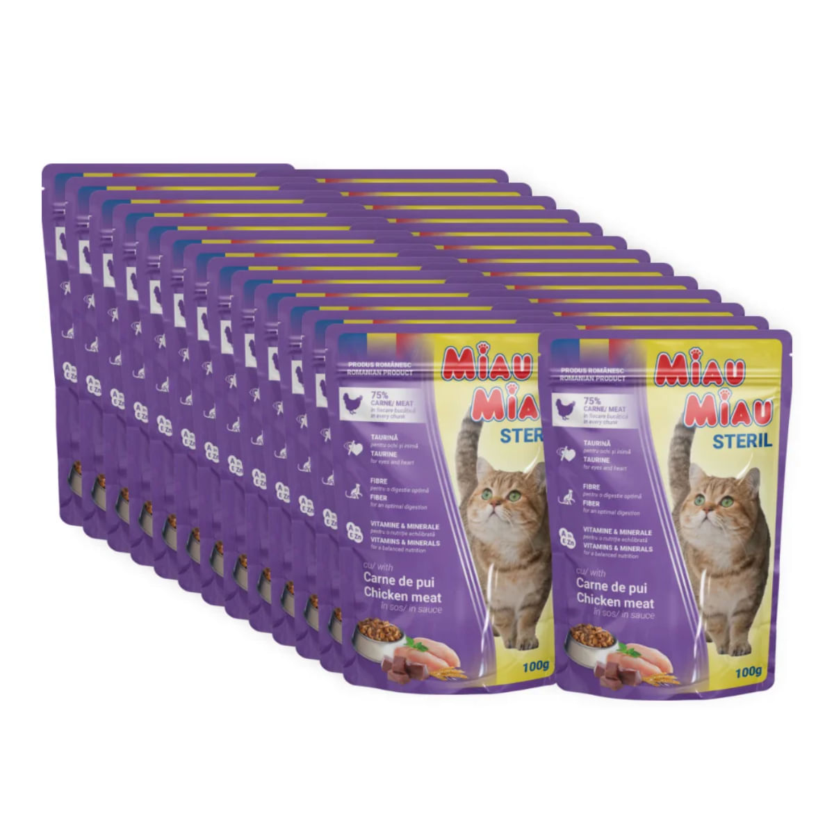 MIAU MIAU Sterilised, Pui, plic hrană umedă pisici sterilizate, (în sos), bax, 100g x 24buc