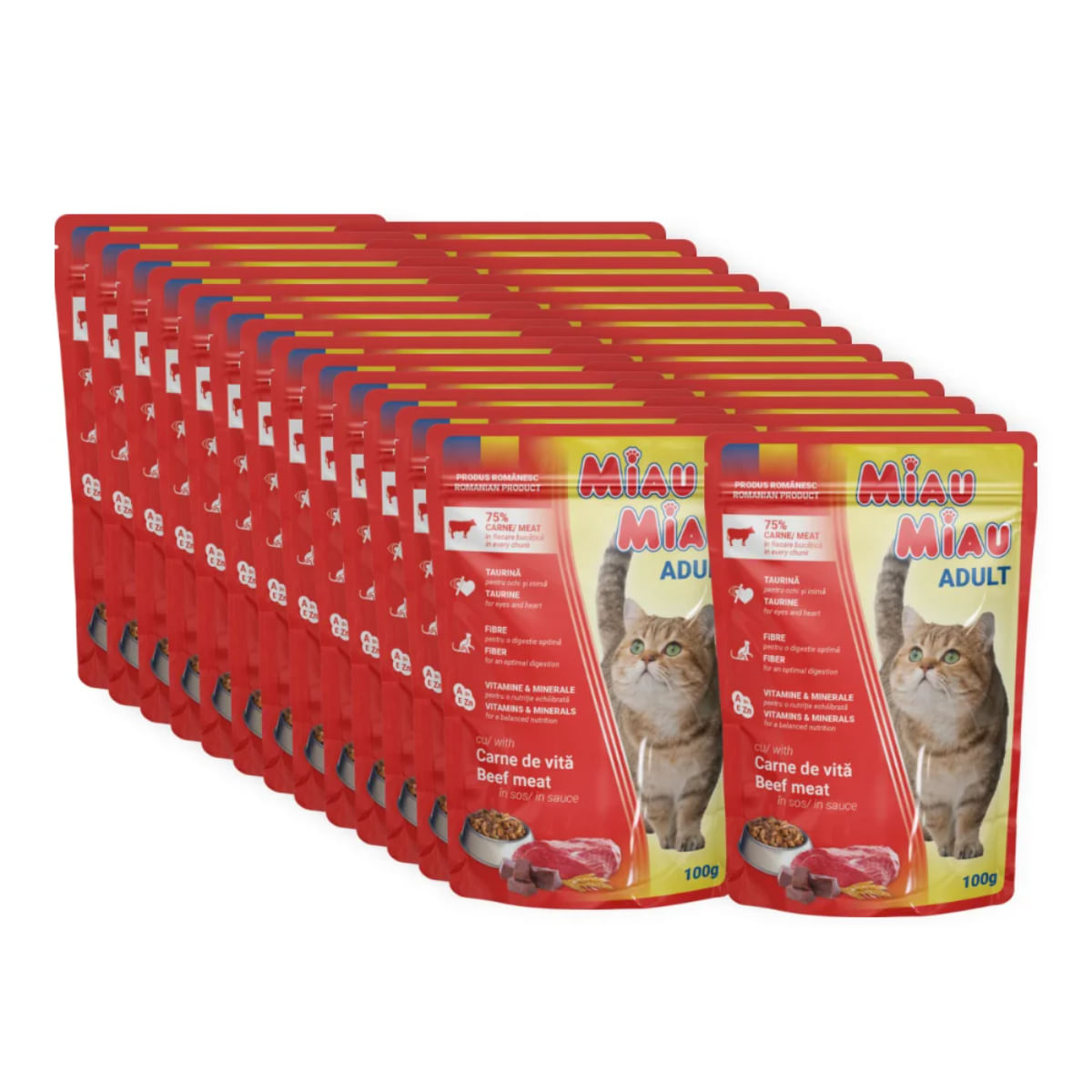 MIAU MIAU, Vită, plic hrană umedă pisici, (în sos), bax, 100g x 24buc