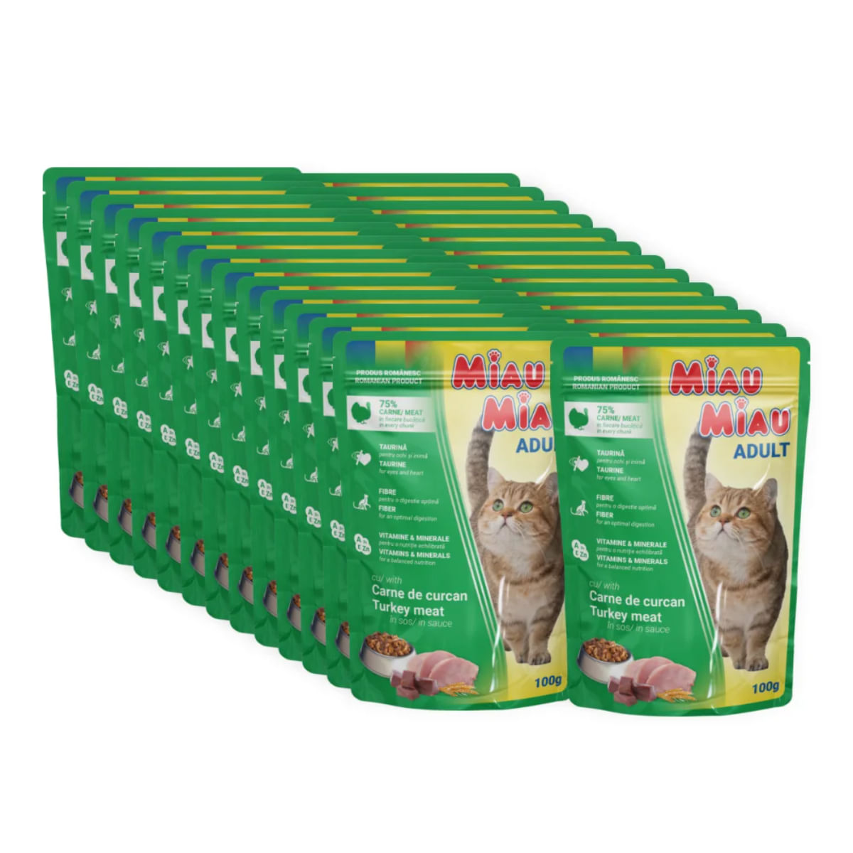 MIAU MIAU, Curcan, plic hrană umedă pisici, (în sos), bax, 100g x 24buc