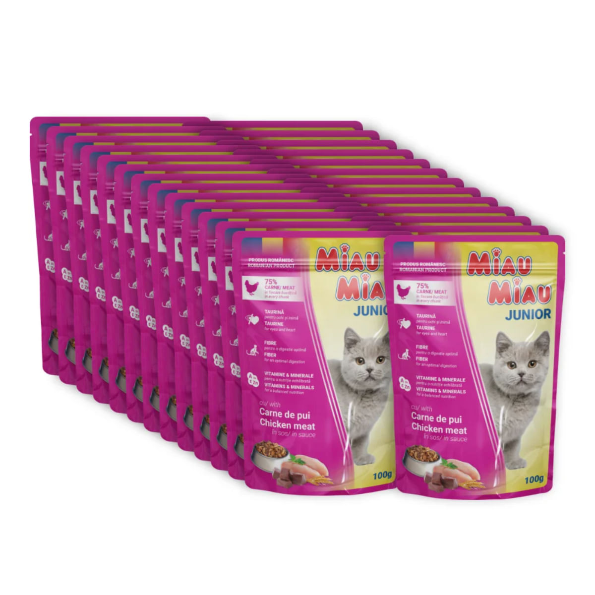 MIAU MIAU Kitten, Pui, plic hrană umedă pisici junior, (în sos), bax, 100g x 24buc