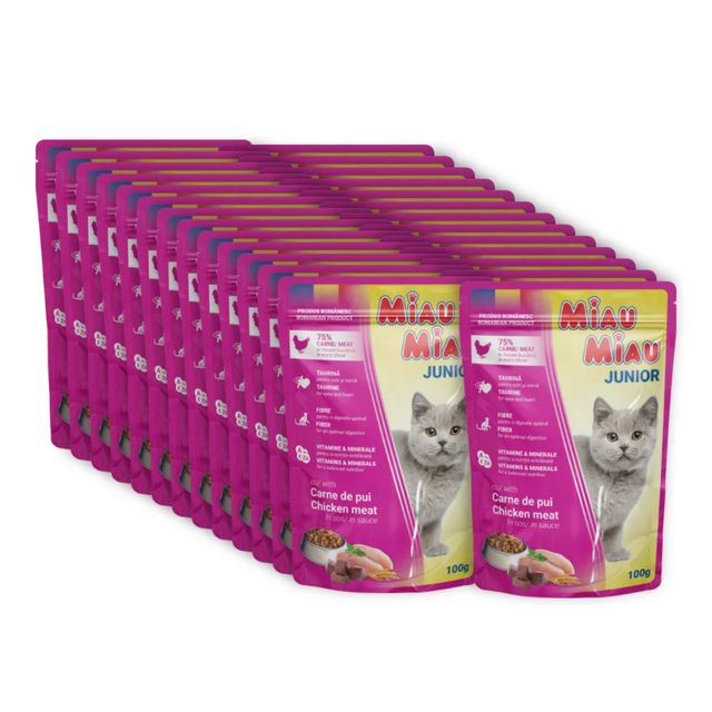MIAU MIAU Kitten, Pui, plic hrană umedă pisici junior, (în sos), bax, 100g x 24buc