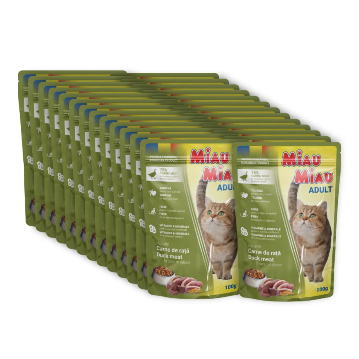 MIAU MIAU, Rață, plic hrană umedă pisici, (în sos), bax, 100g x 24buc