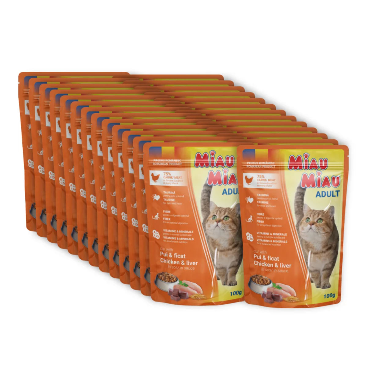 MIAU MIAU, Pui și Ficat, plic hrană umedă pisici, (în sos), bax, 100g x 24buc