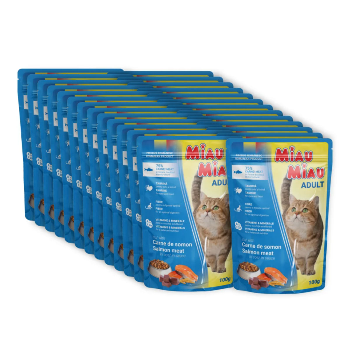 MIAU MIAU, Somon, plic hrană umedă pisici, (în sos), bax, 100g x 24buc