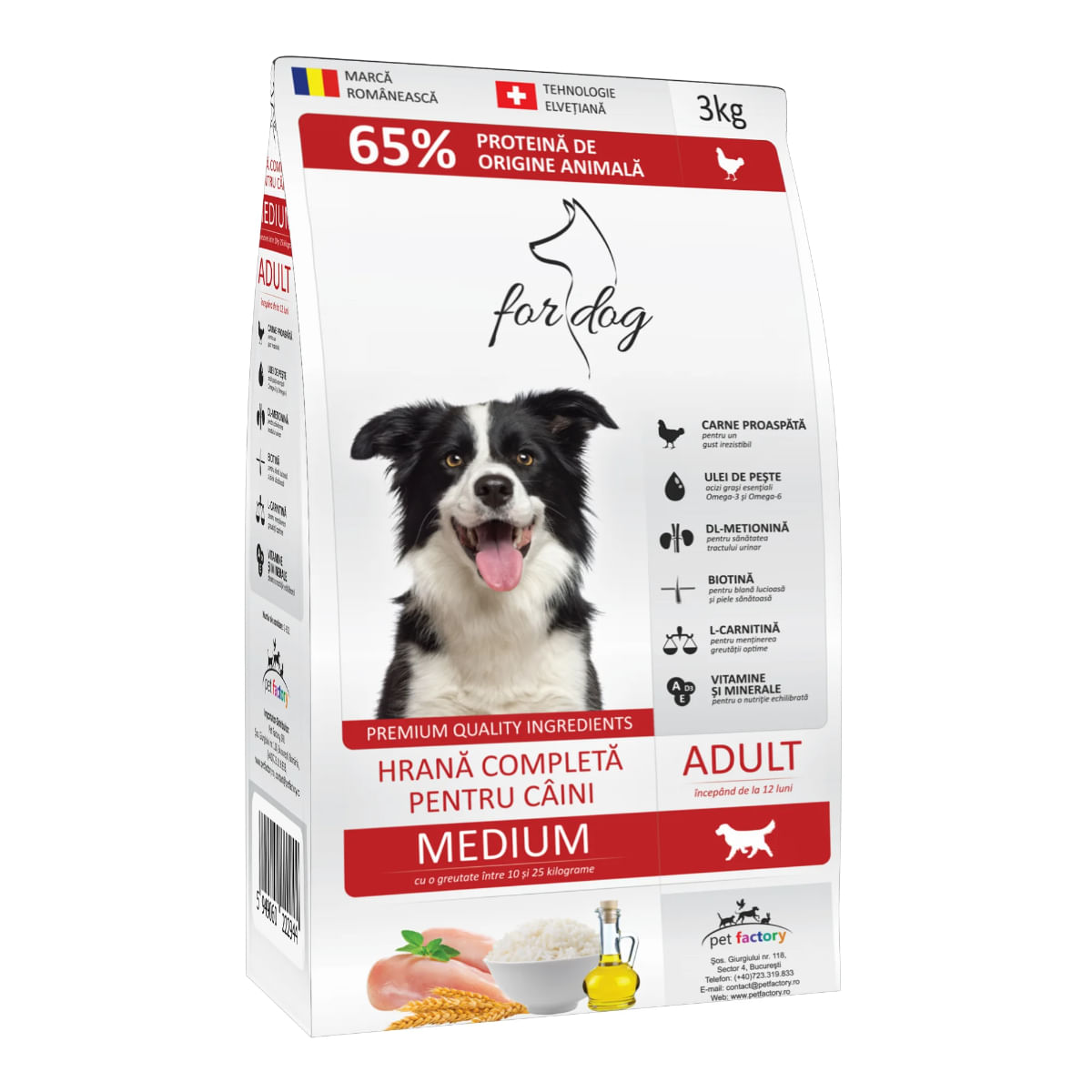 FOR DOG Adult Medium, M, Pasăre, hrană uscată câini, 3kg