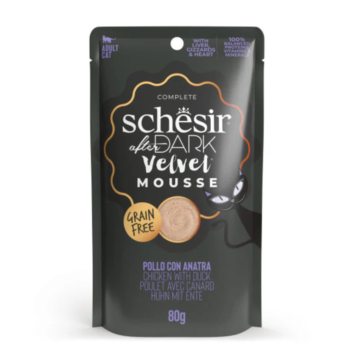 SCHESIR After Dark Velvet Mousse, Pui și Rață, plic hrană umedă fără cereale pisici, (mousse), 80g - 1 | YEO