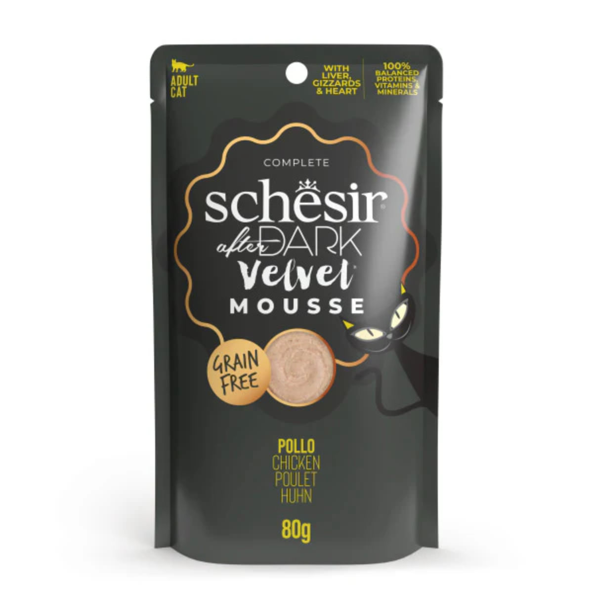 SCHESIR After Dark Velvet Mousse, Pui, plic hrană umedă fără cereale pisici, (mousse), 80g