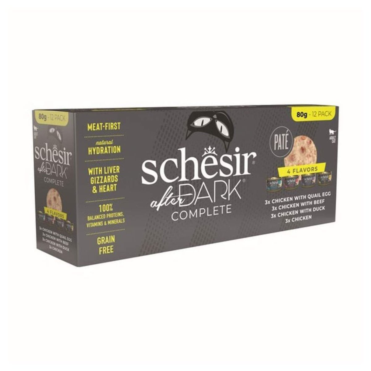 SCHESIR After Dark Complete 4 arome, Pui, conservă hrană umedă fără cereale pisici, (pate), multipack, 80g x 12buc