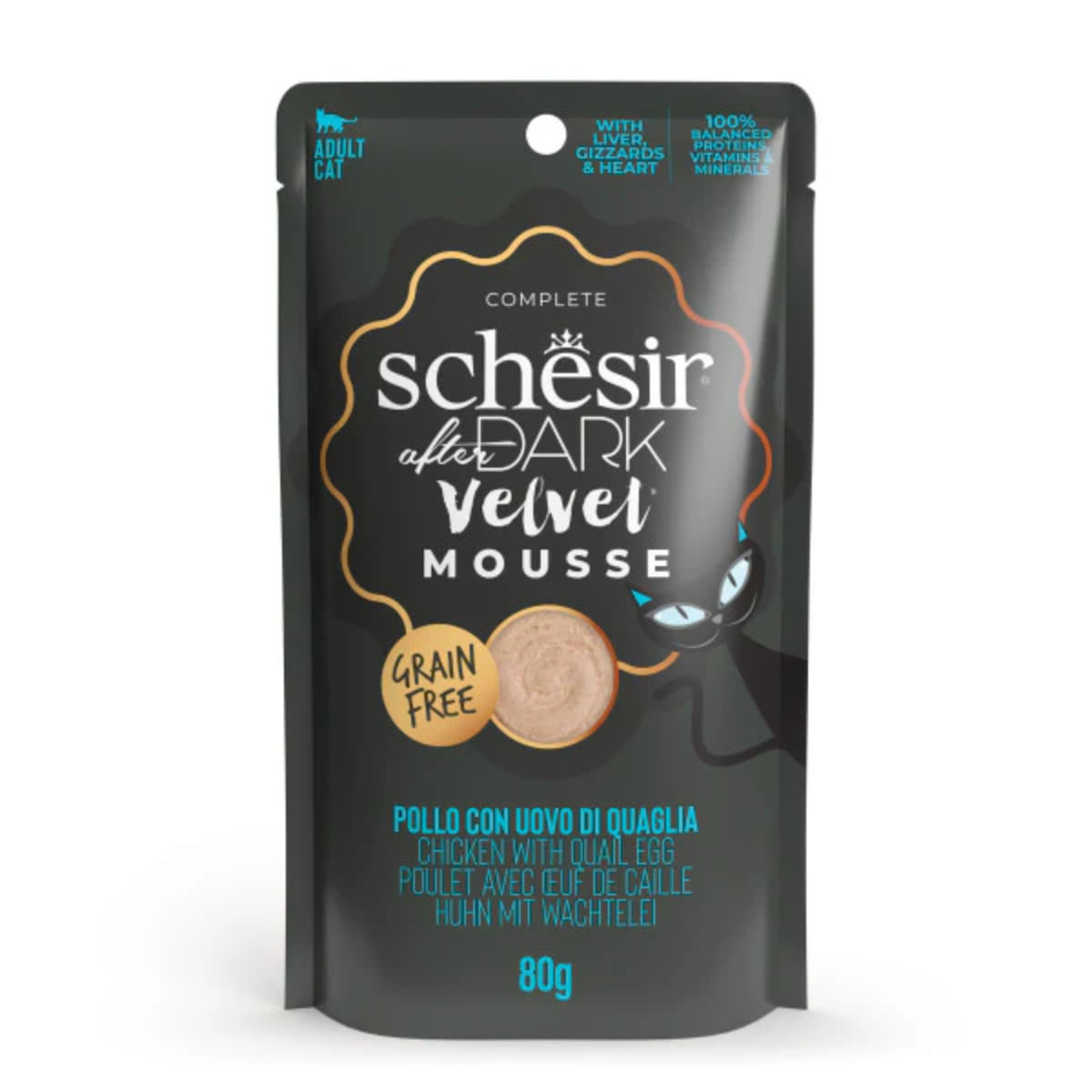 SCHESIR After Dark Velvet Mousse, Pui și Ou de Prepeliță, plic hrană umedă fără cereale pisici, (mousse), 80g