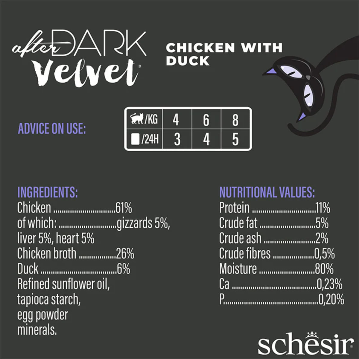 SCHESIR After Dark Velvet Mousse, Pui și Rață, plic hrană umedă fără cereale pisici, (mousse), 80g