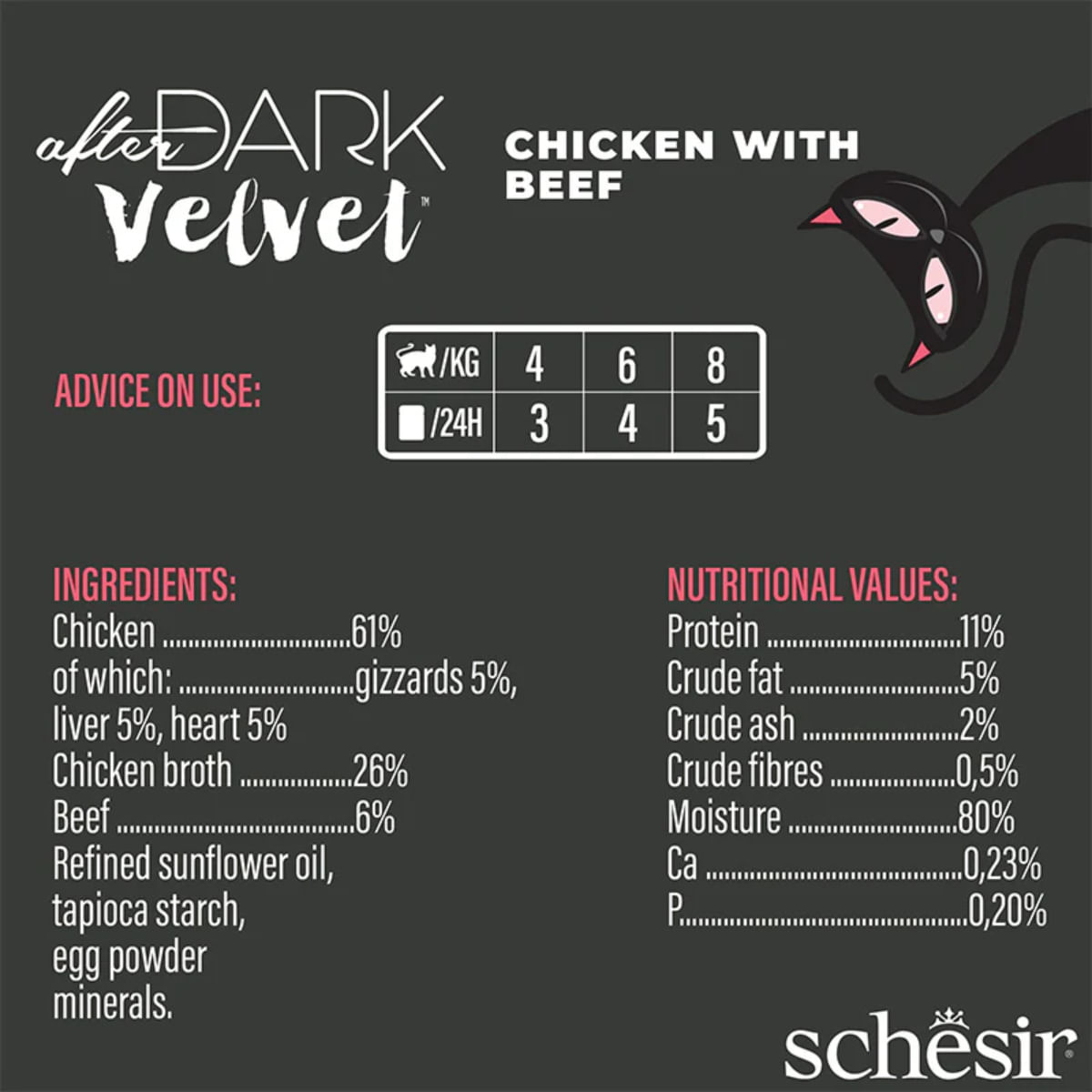 SCHESIR After Dark Velvet Mousse, Pui și Vită, plic hrană umedă fără cereale pisici, (mousse), 80g