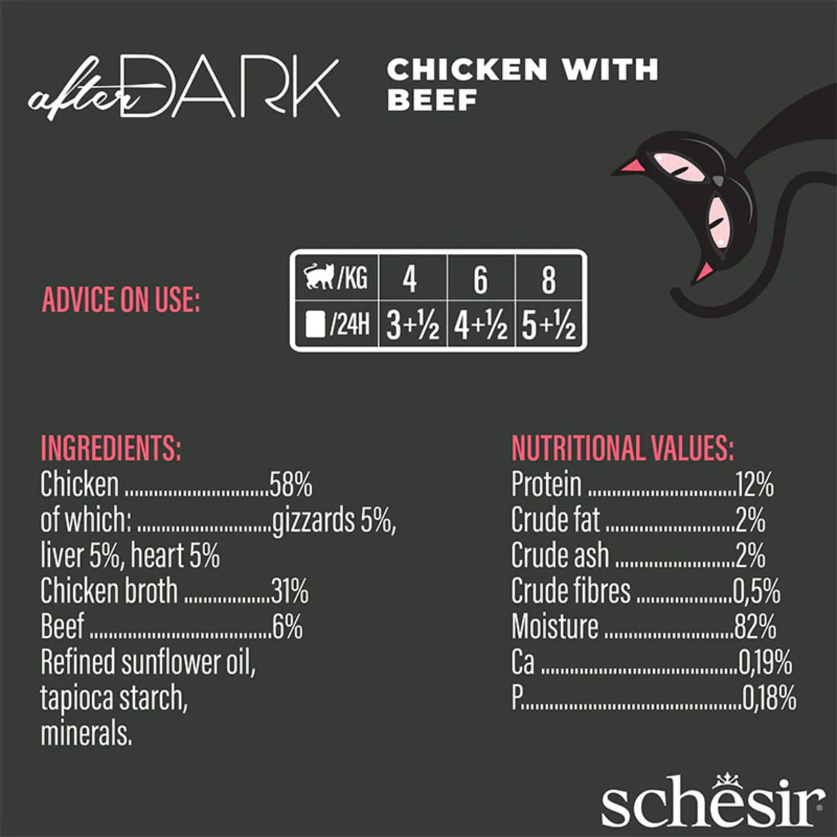 SCHESIR After Dark, Pui și Vită, conservă hrană umedă fără cereale pisici, (în supă), 80g