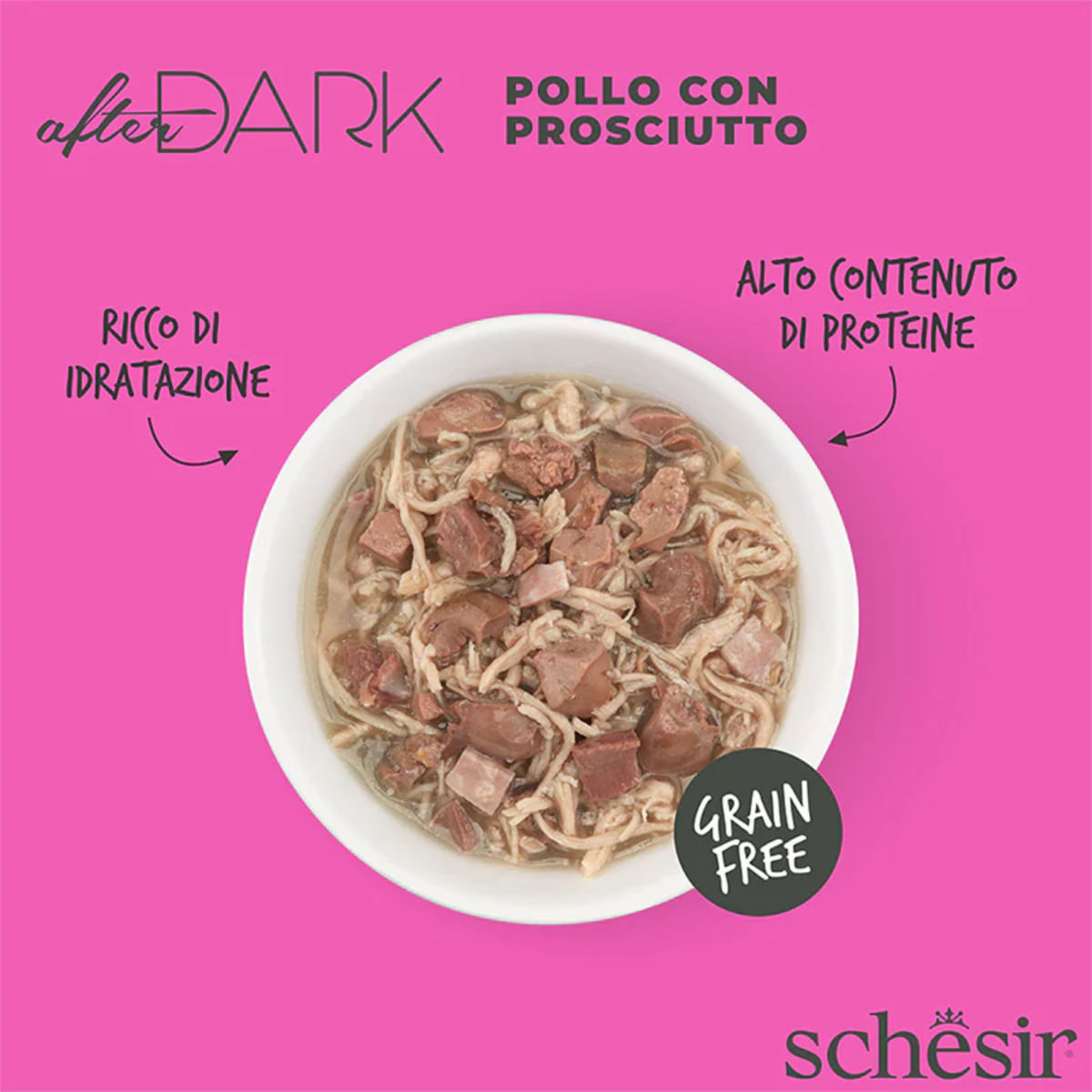 SCHESIR After Dark, Pui și Șuncă, conservă hrană umedă fără cereale pisici, (în supă), 80g