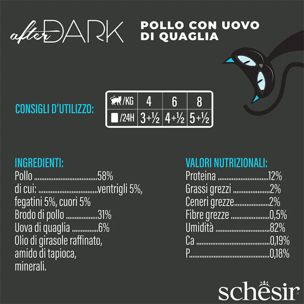 SCHESIR After Dark, Pui și Ou de Prepeliță, conservă hrană umedă fără cereale pisici, (în supă), 80g