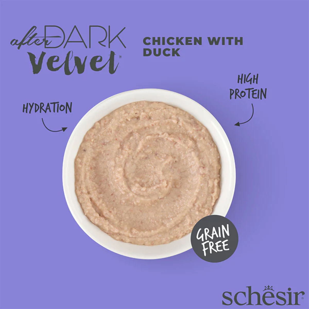 SCHESIR After Dark Velvet Mousse, Pui și Rață, plic hrană umedă fără cereale pisici, (mousse), 80g