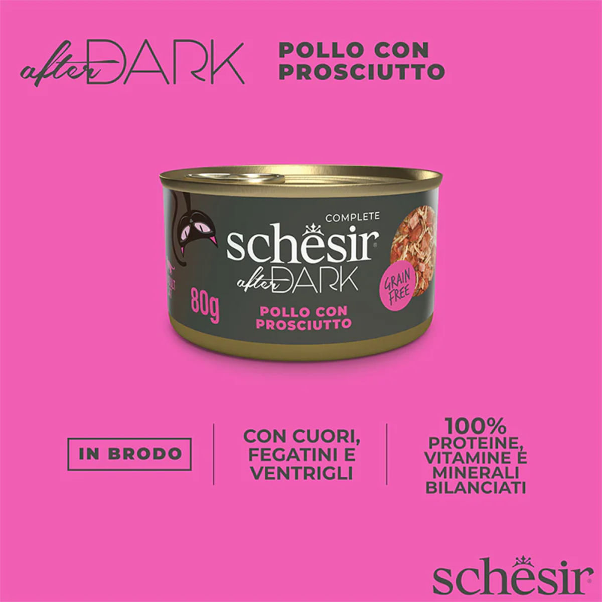 SCHESIR After Dark, Pui și Șuncă, conservă hrană umedă fără cereale pisici, (în supă), 80g