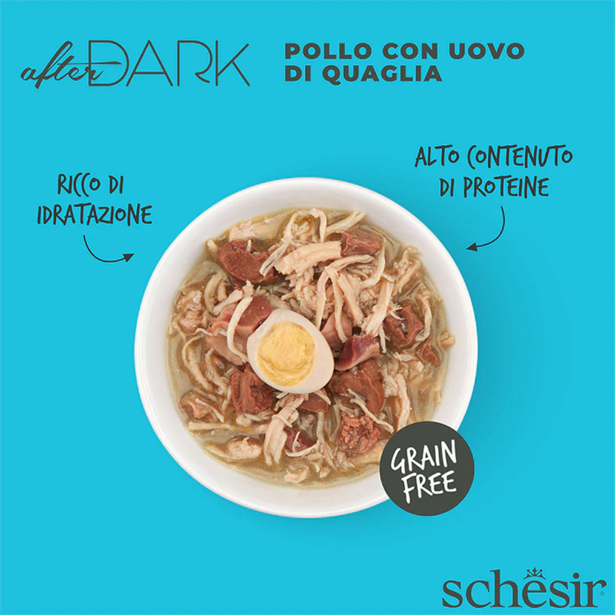 SCHESIR After Dark, Pui și Ou de Prepeliță, conservă hrană umedă fără cereale pisici, (în supă), 80g