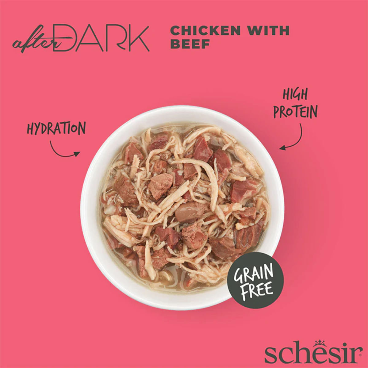 SCHESIR After Dark, Pui și Vită, conservă hrană umedă fără cereale pisici, (în supă), 80g