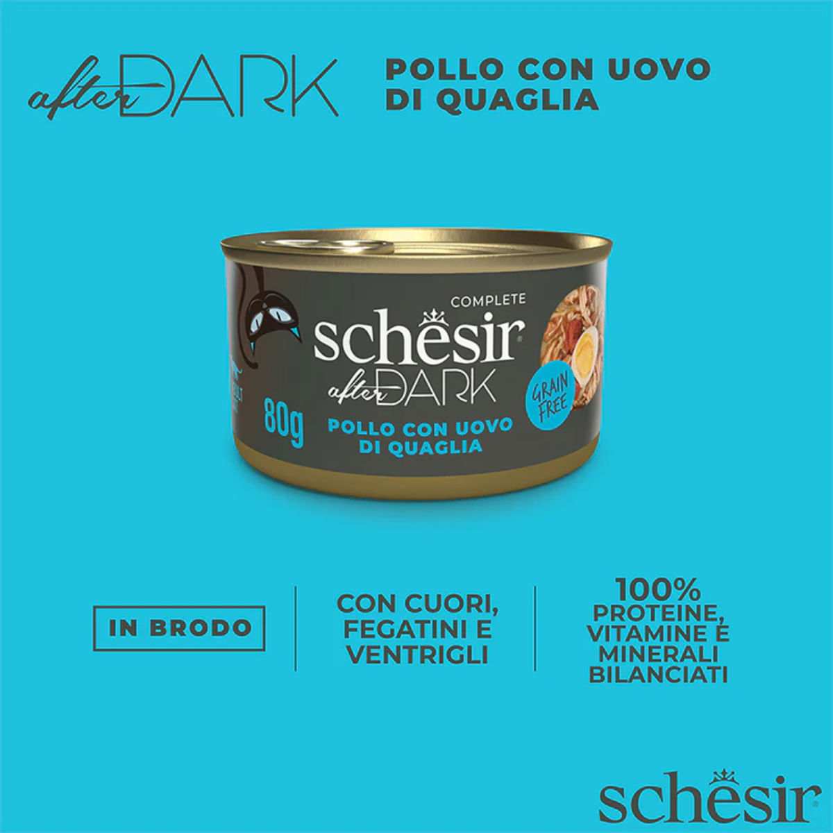 SCHESIR After Dark, Pui și Ou de Prepeliță, conservă hrană umedă fără cereale pisici, (în supă), 80g