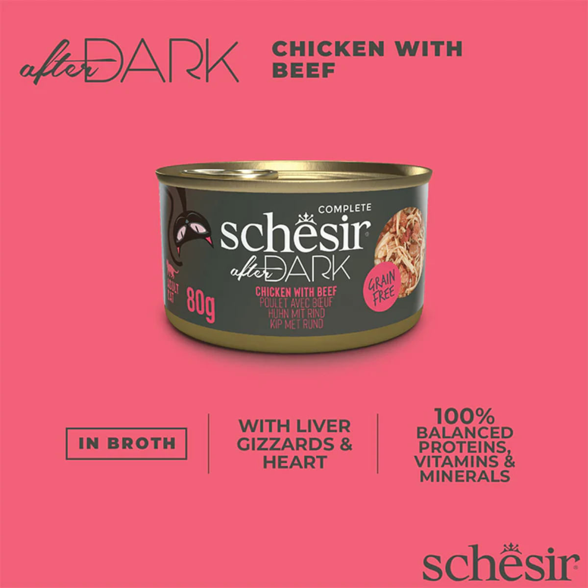 SCHESIR After Dark, Pui și Vită, conservă hrană umedă fără cereale pisici, (în supă), 80g