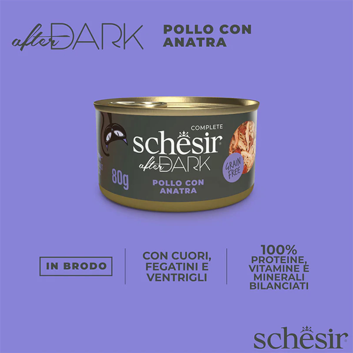 SCHESIR After Dark, Pui și Rață, conservă hrană umedă fără cereale pisici, (în supă), 80g