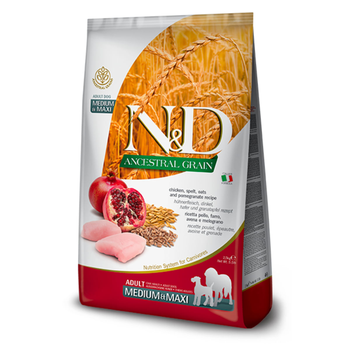 N&D Ancestral Grain Adult Medium & Maxi, M-XL, Pui și Rodie, hrană uscată câini, 2.5kg