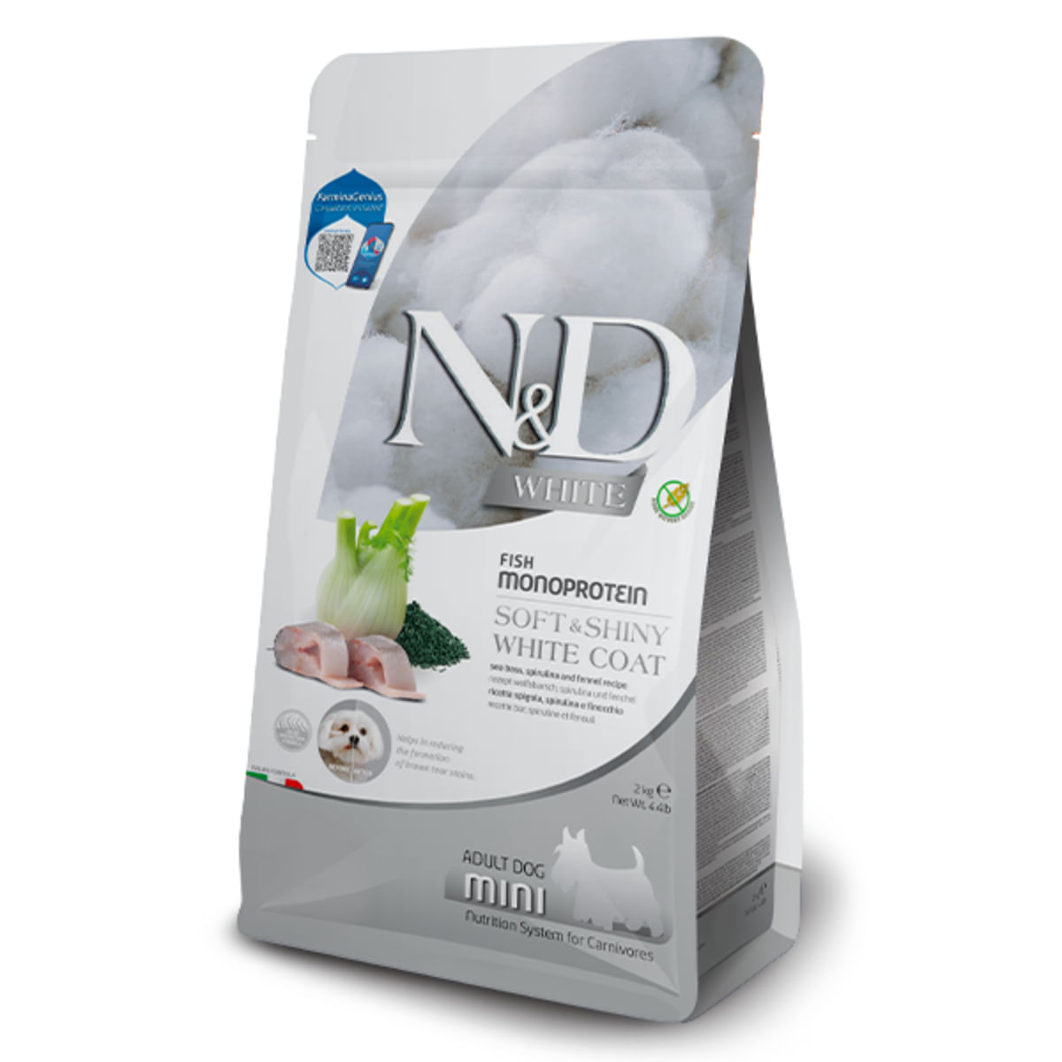 N&D White & Brown Adult Mini, XS-S, Biban și Spirulină, hrană uscată monoproteică fără cereale câini, piele & blană, 2kg