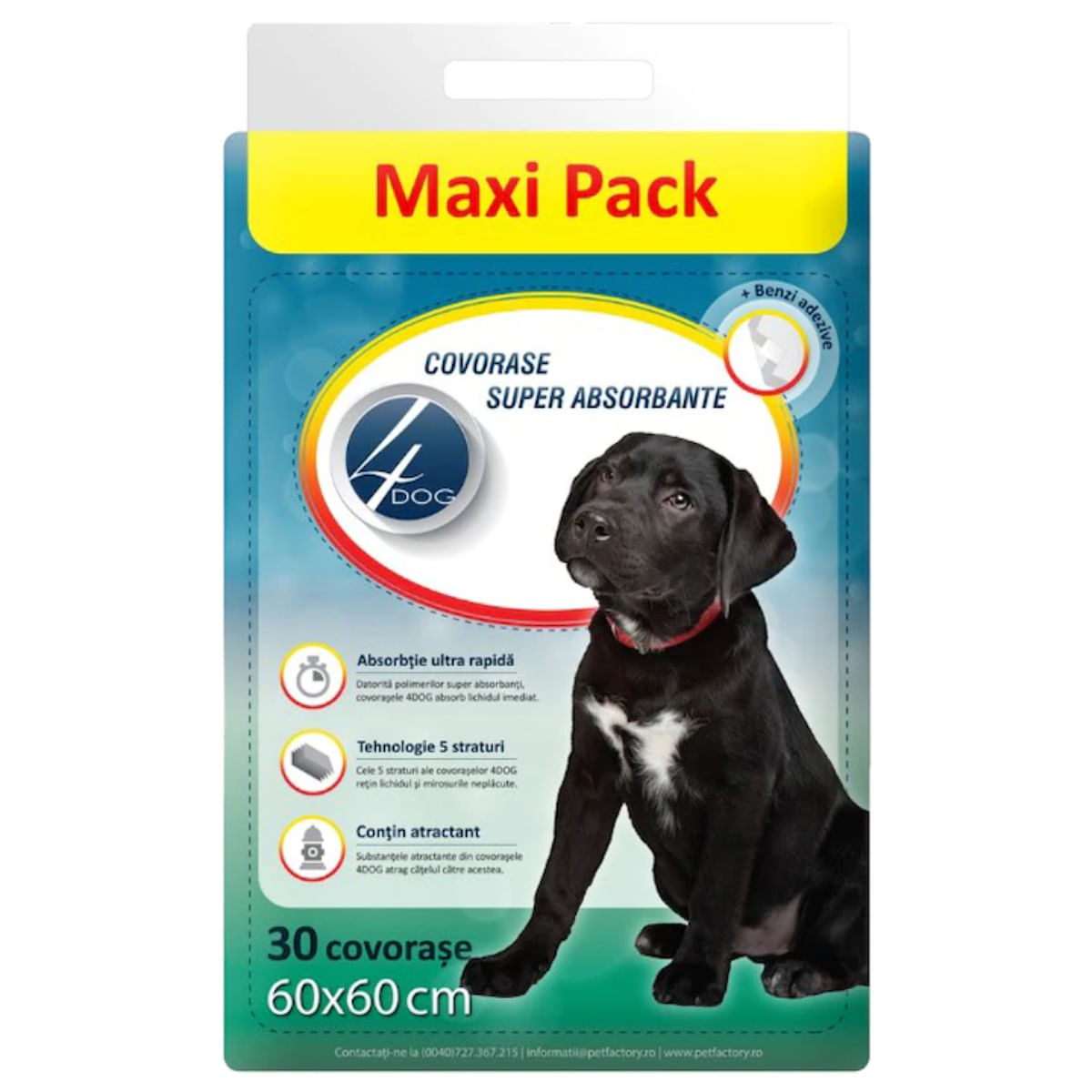 4DOG Maxi Pack, covorașe absorbante câini, cu benzi adezive, poliester, 60x60cm, 30buc