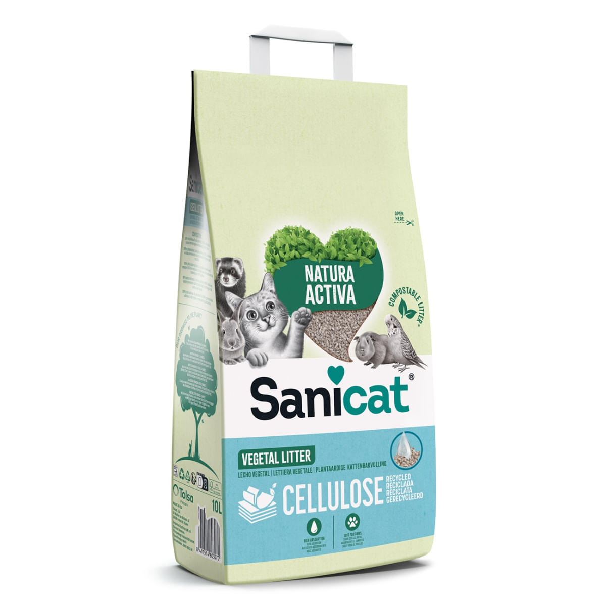 SANICAT Natura Activa, Cellulose, neparfumat, așternut igienic pisici, peleți, celuloza, neaglomerant, ecologic, biodegradabil, 10l