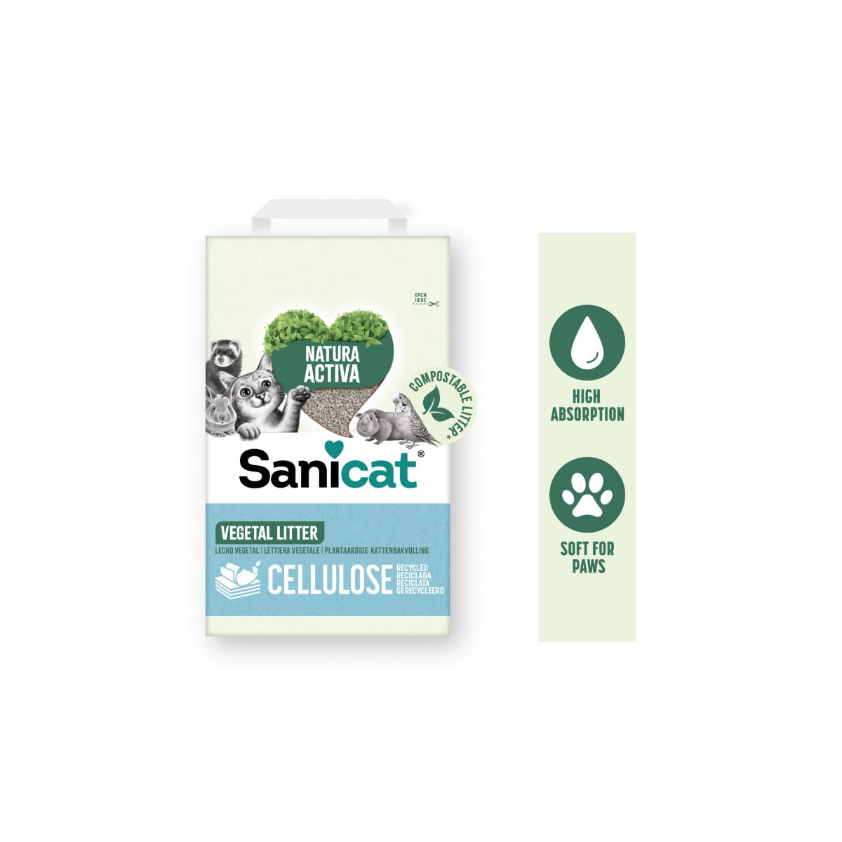 SANICAT Natura Activa, Cellulose, neparfumat, așternut igienic pisici, peleți, celuloza, neaglomerant, ecologic, biodegradabil, 10l