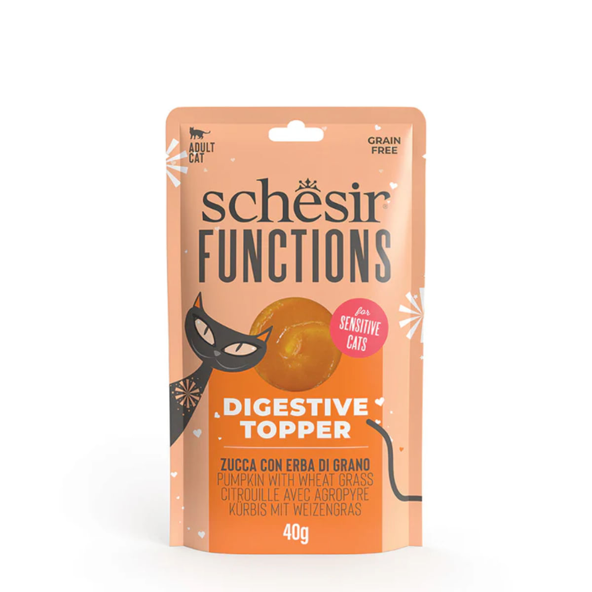 SCHESIR Functions Digestive Topper, dovleac, plic hrană umedă fără cereale pisici, sistem digestiv, (topping), 40g - 1 | YEO