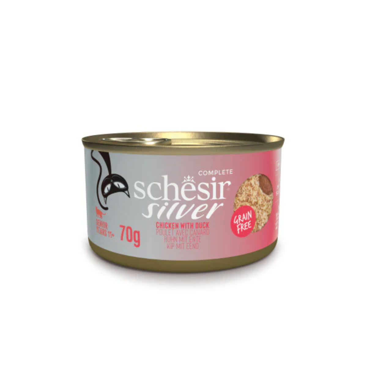 SCHESIR Silver Mousse & Fillet, Pui și Rață, conservă hrană umedă fără cereale pisici senior, (mousse), 70g