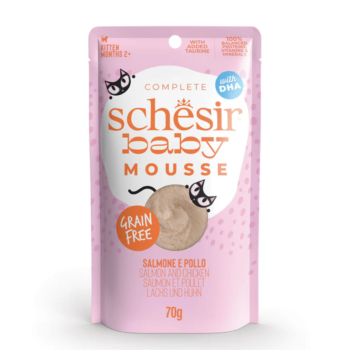 SCHESIR Baby Mousse, Somon și Pui, plic hrană umedă fără cereale pisici junior, (mousse), 70g