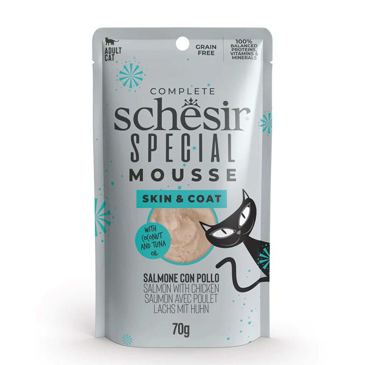 SCHESIR Special Skin & Coat, Somon și Pui, plic hrană umedă fără cereale pisici, piele & blană, (mousse), 70g - 1 | YEO