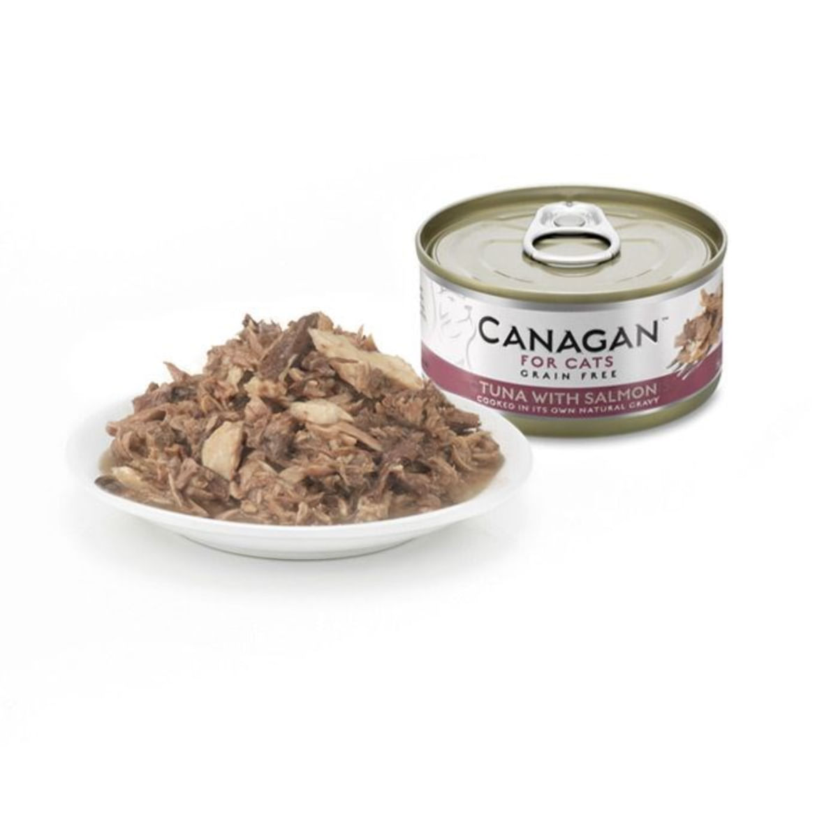CANAGAN, Ton și Somon, conservă hrană umedă fără cereale pisici junior &amp; adult, (în suc propriu), 75g