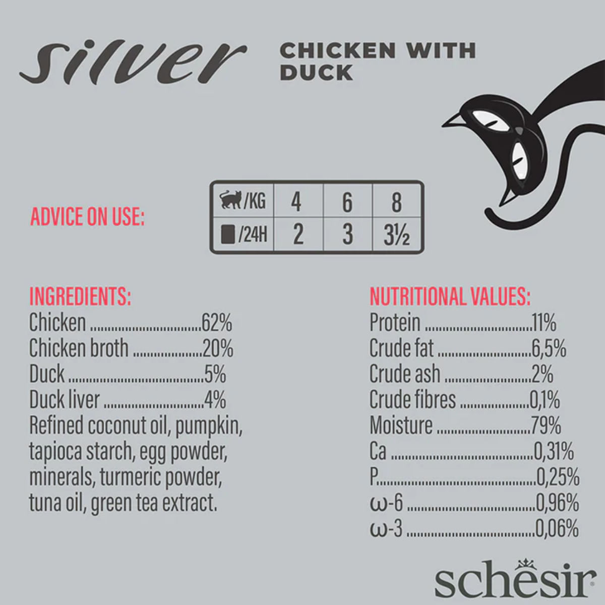 SCHESIR Silver Mousse &amp; Fillet, Pui și Rață, conservă hrană umedă fără cereale pisici senior, (mousse), 70g