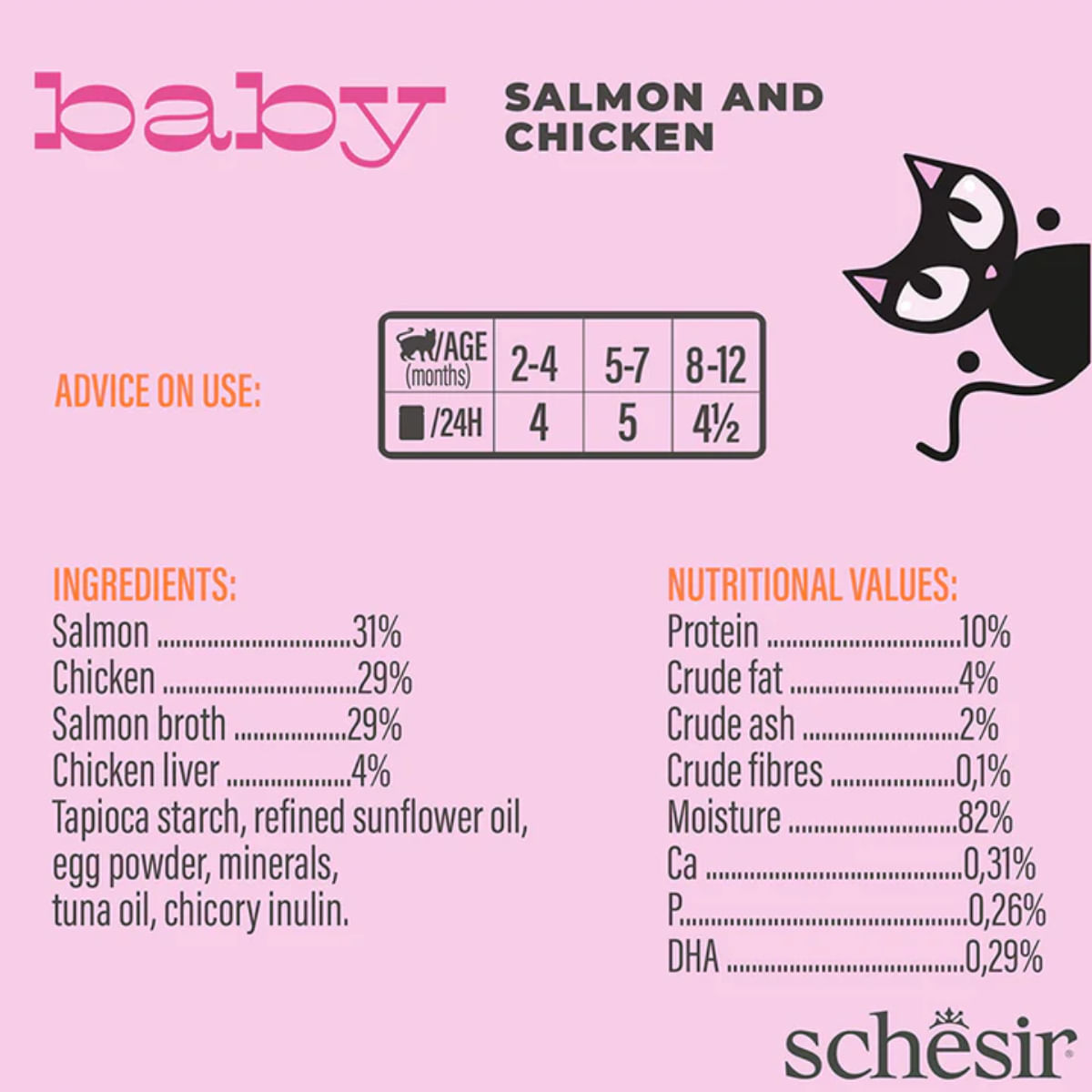 SCHESIR Baby Mousse, Somon și Pui, plic hrană umedă fără cereale pisici junior, (mousse), 70g